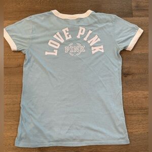 PINK Victoria's Secret Light Blue Ringer Tee with White Trim